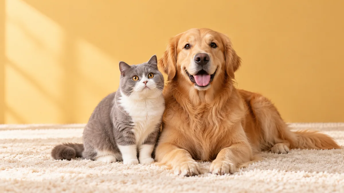温暖日光下，一起生活的猫咪和狗狗